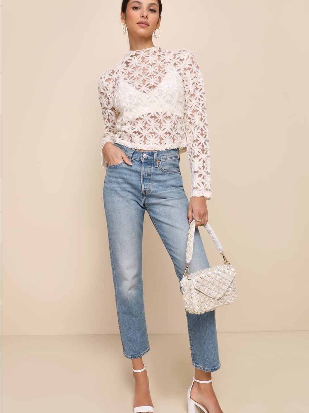 Lulu's Ivory Lace Floral Long-Sleeve Sheer Top